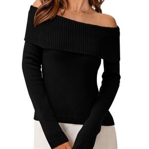 Y2K Off-Shoulder Sweater Knit Long Sleeve Black Fitted Pullover XL Chic Winter